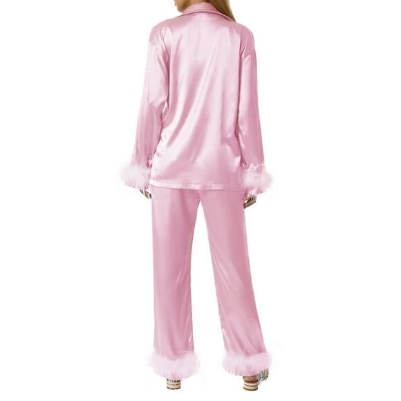 Silk Satin Pajama Set in Pink/White Size Large - Picture 3 of 10